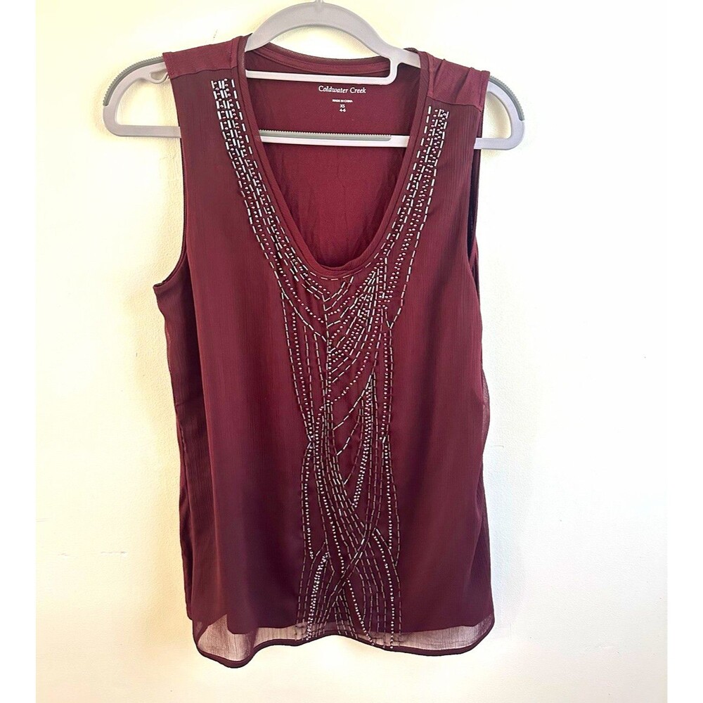 Coldwater Creek XS Y2K Burgundy Sheer Beaded Scoop Neck top